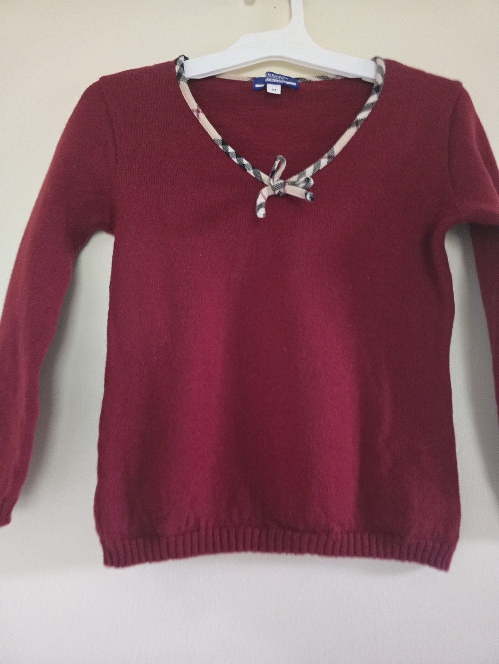 Burberry Blue Label Japanese Wool Burgundy V-Neck Sweater Nova Check Trim Rare - Picture 4 of 12